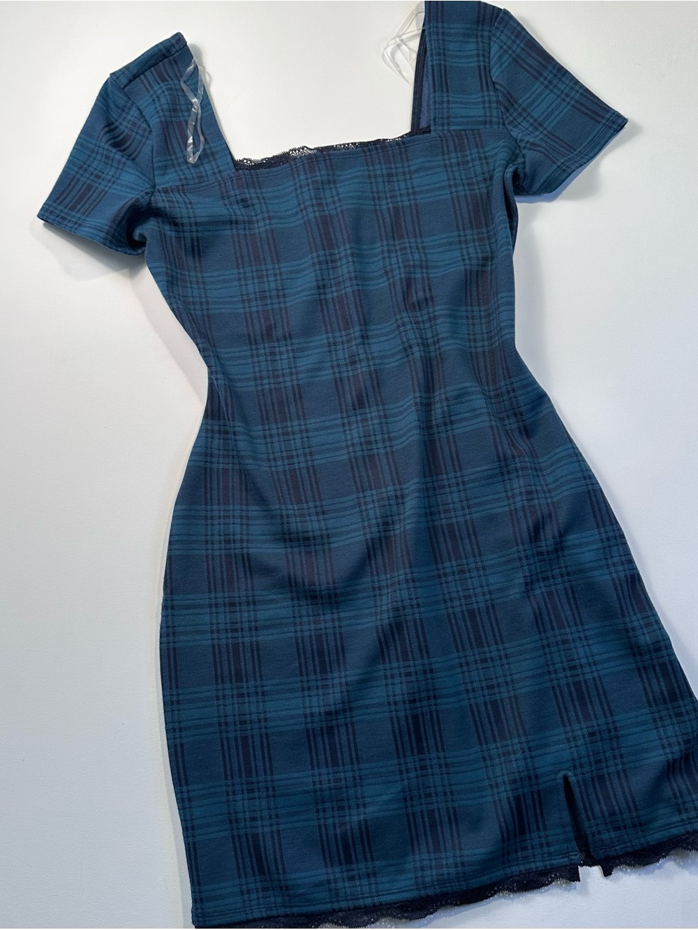 Women’s Eyeshadow Teal and Navy Plaid Square Neck Mini Dress